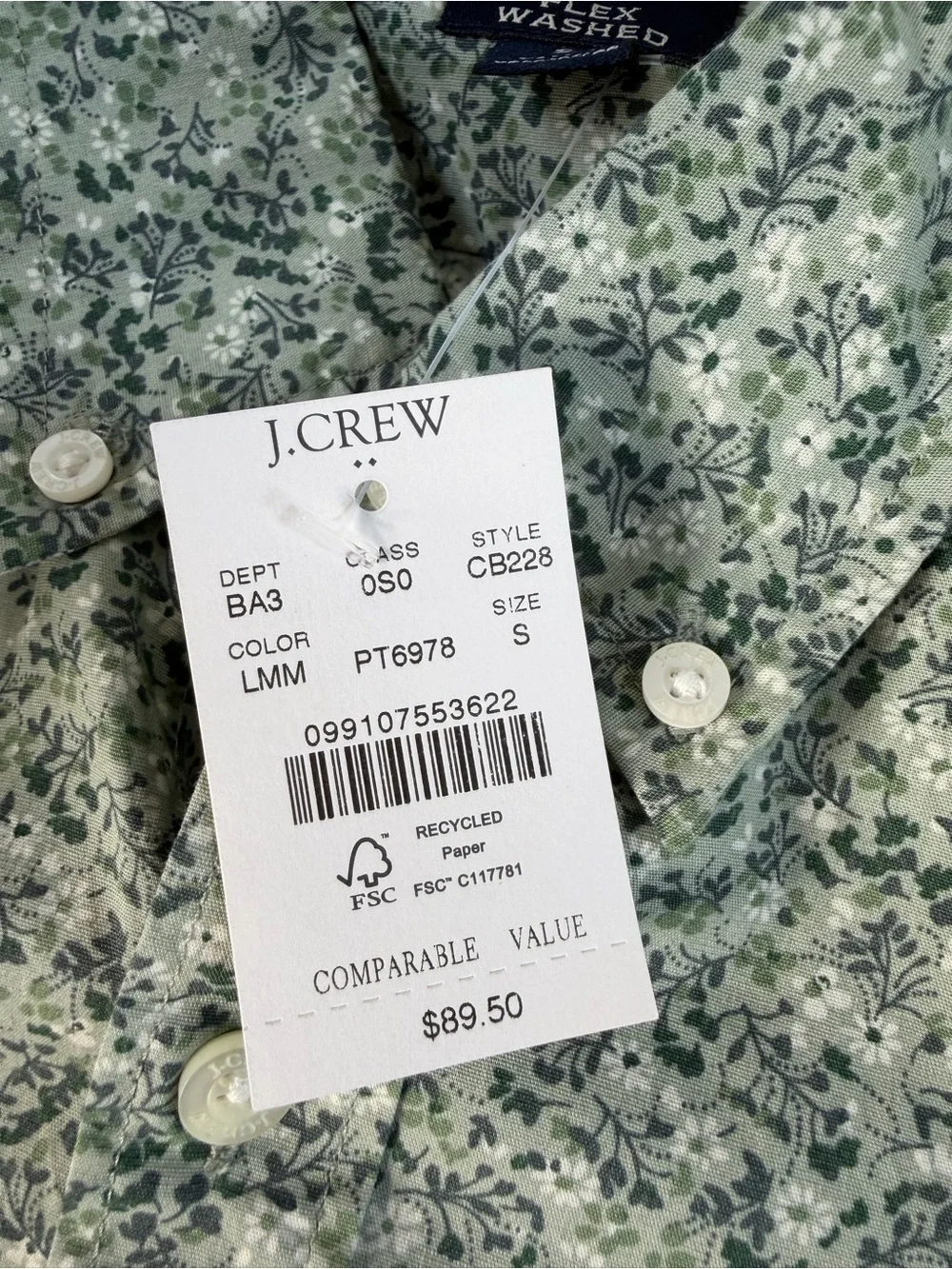 J.Crew Mens Casual Floral Button Down Shirt S Green Slim Untucked Flex Washed